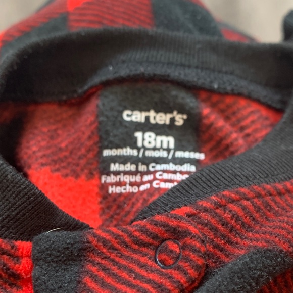 Carters Plaid Red and Black Kids One Piece with Bear Feet - Picture 2 of 2